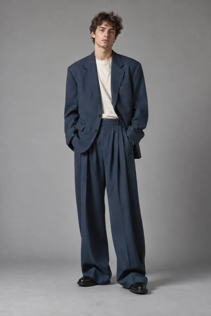Abito blu avio con pantaloni ampi