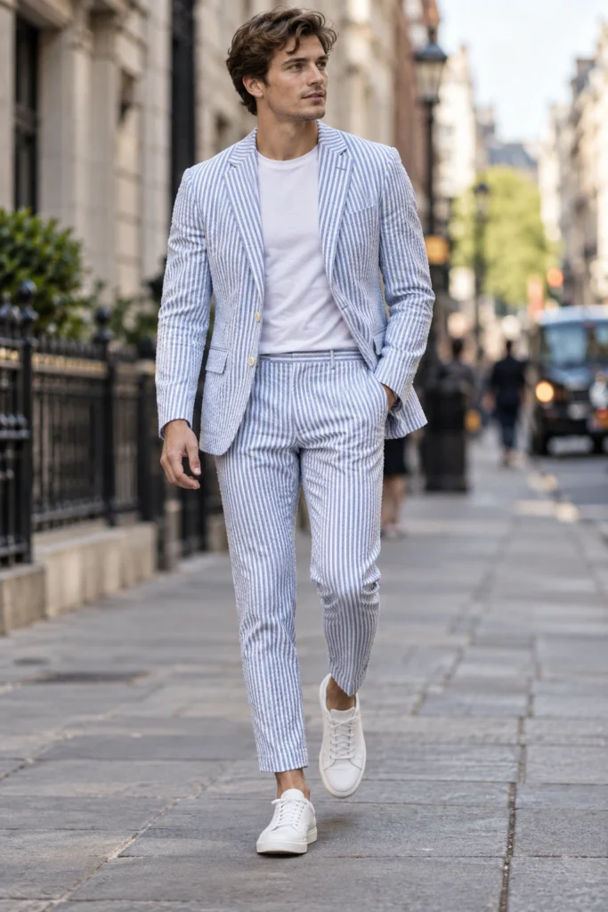 Abito seersucker azzurro e bianco